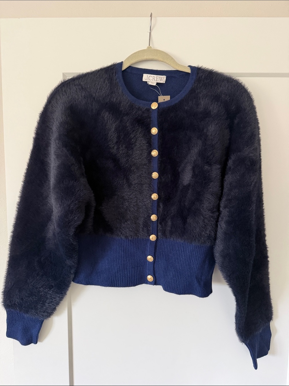 J. Crew Navy Faux-Fur Cropped Cardigan with Gold Buttons